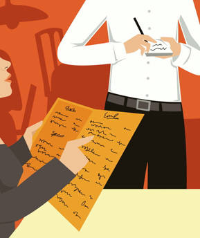 Woman ordering from menu in cover